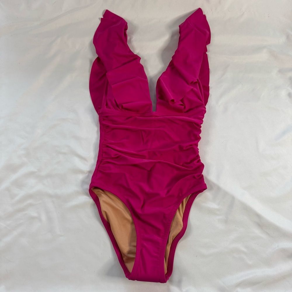 NWT J Crew Ruched Ruffle One Piece Swimsuit Pink Size 4 V Neck Barbie Bright